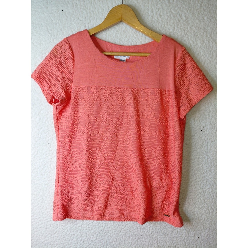 Calvin Klein Womens Coral Pink Lace Textured Short Sleeve Top Size M